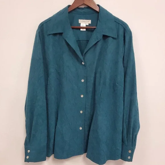 Coldwater Creek Women Faux Suede Long Sleeve Button Up Top Size 3X Jewel Classic - Picture 1 of 9